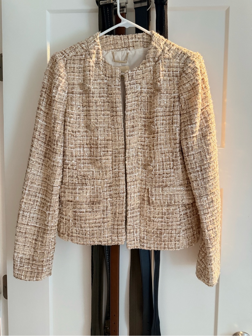 Elie Tahari Cream Tweed Collarless Blazer